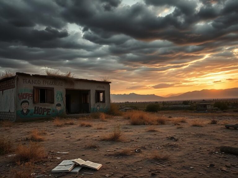 Flick International A desolate Afghan landscape under a turbulent sky, showcasing a decaying building with faded murals.