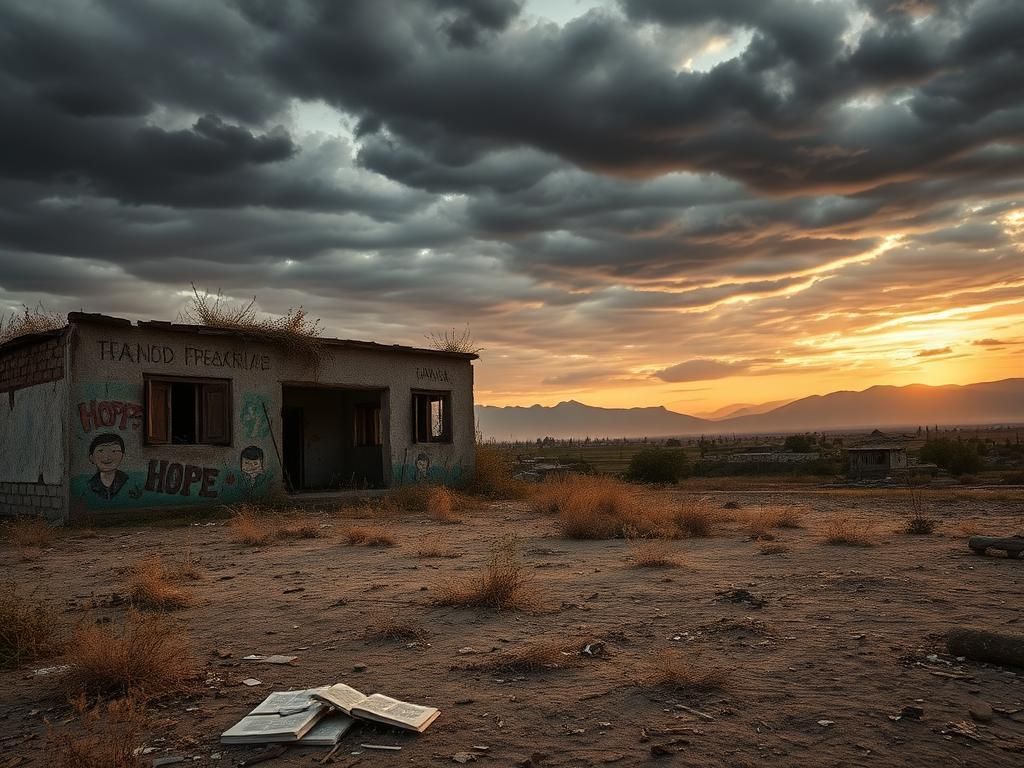 Flick International A desolate Afghan landscape under a turbulent sky, showcasing a decaying building with faded murals.