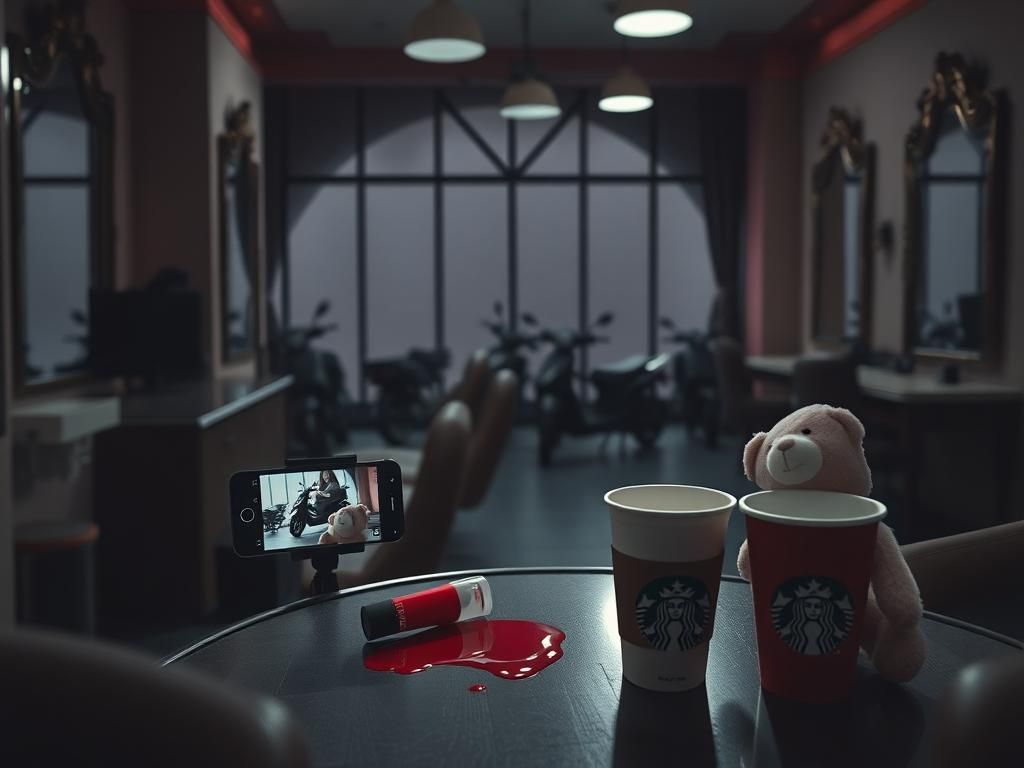 Flick International A dimly lit beauty salon interior with an empty TikTok livestream setup and spilled lipstick symbolizing tragedy