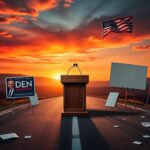 Flick International Empty podium at a political crossroads, surrounded by faded campaign posters and a dramatic sunset