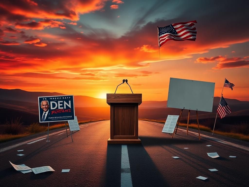 Flick International Empty podium at a political crossroads, surrounded by faded campaign posters and a dramatic sunset