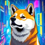 Flick International Vibrant Shiba Inu dog representing DOGE cryptocurrency in a futuristic cityscape