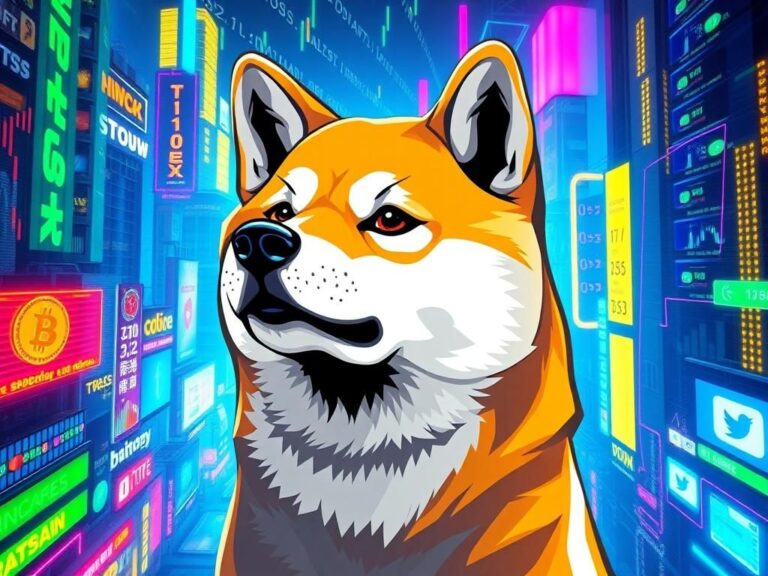 Flick International Vibrant Shiba Inu dog representing DOGE cryptocurrency in a futuristic cityscape