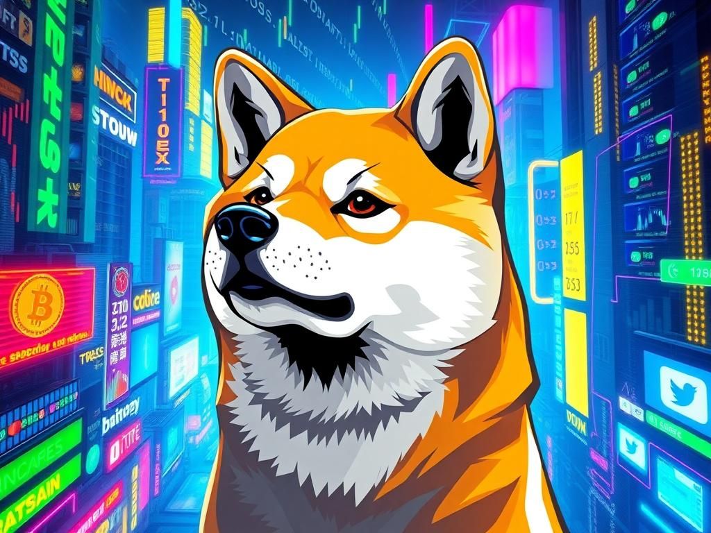 Flick International Vibrant Shiba Inu dog representing DOGE cryptocurrency in a futuristic cityscape