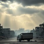 Flick International Desolate landscape of Gaza with destroyed buildings and empty aid truck