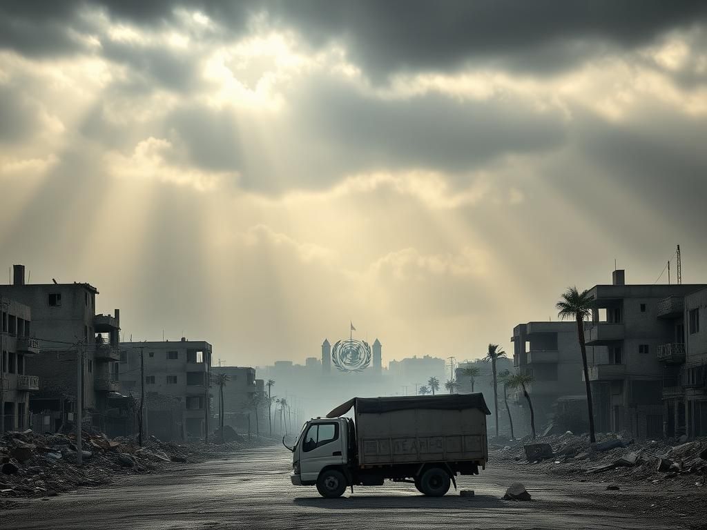 Flick International Desolate landscape of Gaza with destroyed buildings and empty aid truck