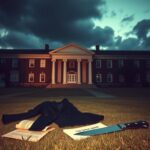 Flick International Somber scene outside a lecture hall at dusk with discarded jacket and crumpled paper