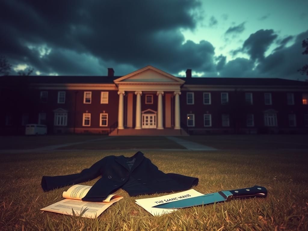 Flick International Somber scene outside a lecture hall at dusk with discarded jacket and crumpled paper