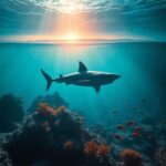 Flick International Underwater scene featuring a great white shark swimming near a vibrant coral reef