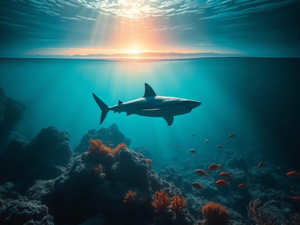 Flick International Underwater scene featuring a great white shark swimming near a vibrant coral reef
