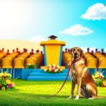 Flick International A guide dog sitting on a grassy area beside a beautifully decorated graduation stage.