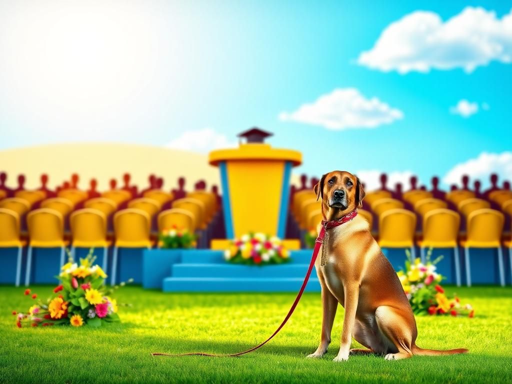Flick International A guide dog sitting on a grassy area beside a beautifully decorated graduation stage.