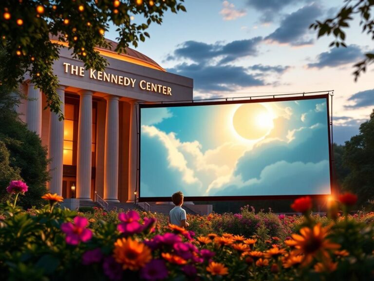 Flick International Exterior view of the illuminated Kennedy Center at dusk with lush greenery