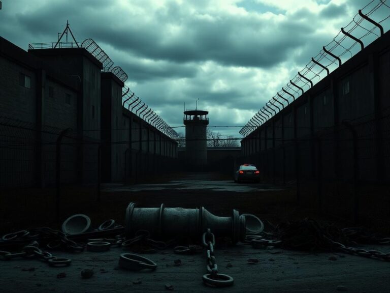Flick International Dark and foreboding view of a dilapidated prison yard with barbed wire