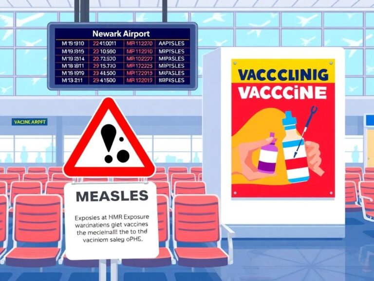 Flick International Illustration of Newark Airport terminal highlighting a measles exposure warning and vaccination information