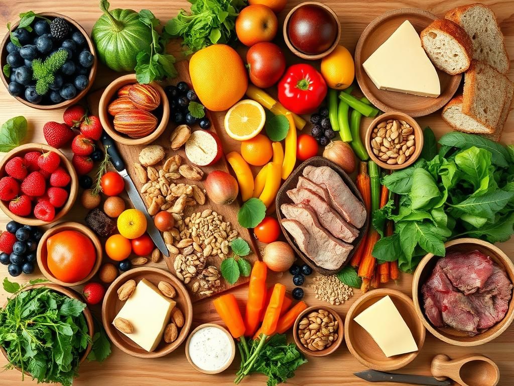 Flick International Colorful assortment of Paleo diet-friendly foods on a wooden table