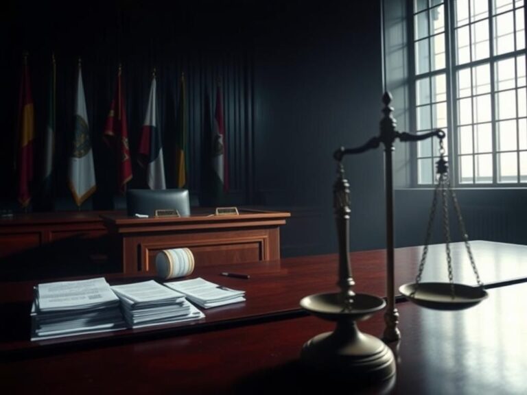 Flick International Dimly lit courtroom scene with empty judge's bench and scattered legal documents
