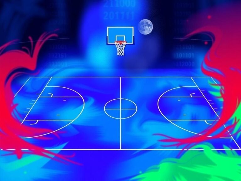 Flick International Abstract representation of a vibrant basketball court symbolizing rivalry and technology