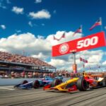 Flick International Two vibrant racing cars competing during Indy 500 practice with spectators in the background