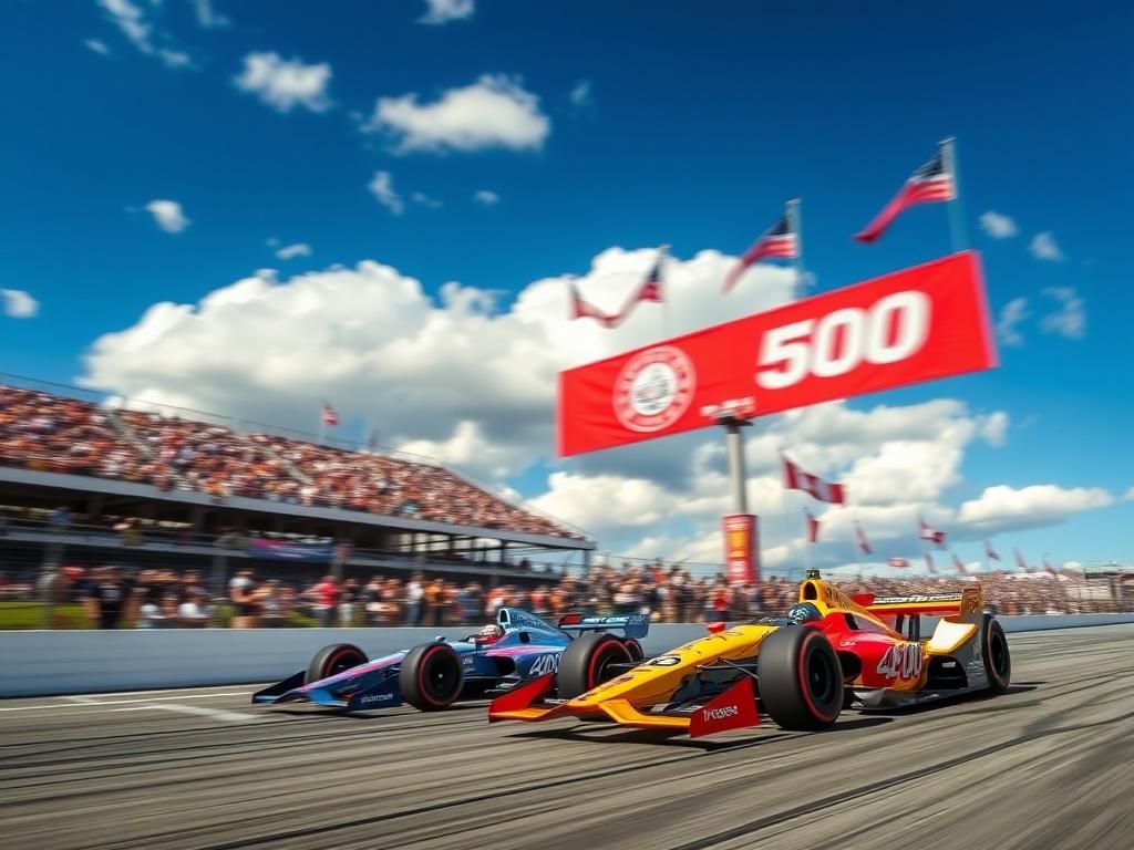 Flick International Two vibrant racing cars competing during Indy 500 practice with spectators in the background
