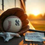 Flick International Close-up of a worn baseball glove and Yankees baseball on a bench