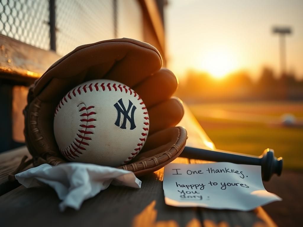 Flick International Close-up of a worn baseball glove and Yankees baseball on a bench