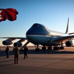 Flick International A Boeing 747 resembling Air Force One parked on a tarmac with military personnel inspecting it