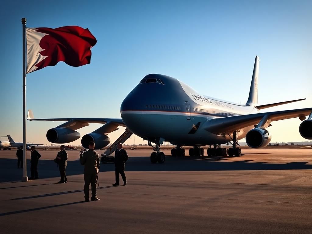 Flick International A Boeing 747 resembling Air Force One parked on a tarmac with military personnel inspecting it
