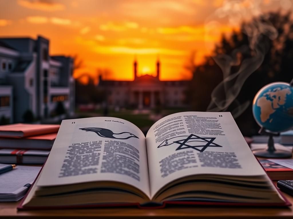 Flick International Close-up of an open book on a university desk symbolizing peace and unity.