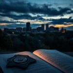 Flick International Arlington, Virginia skyline at twilight with police badge and legal document