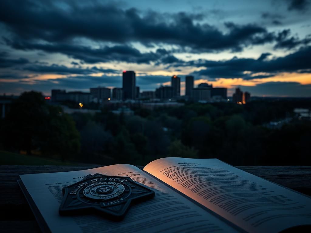 Flick International Arlington, Virginia skyline at twilight with police badge and legal document