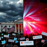 Flick International A split-image scene contrasting politics and pop culture, featuring a grand building and a vibrant concert stage.