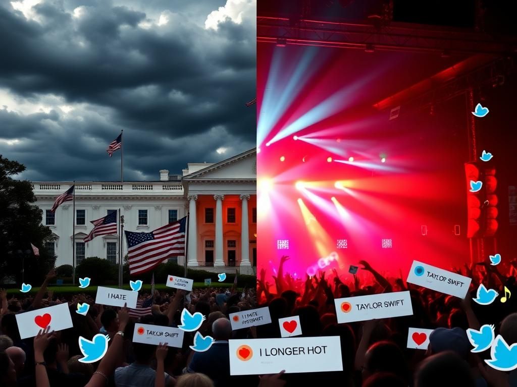 Flick International A split-image scene contrasting politics and pop culture, featuring a grand building and a vibrant concert stage.