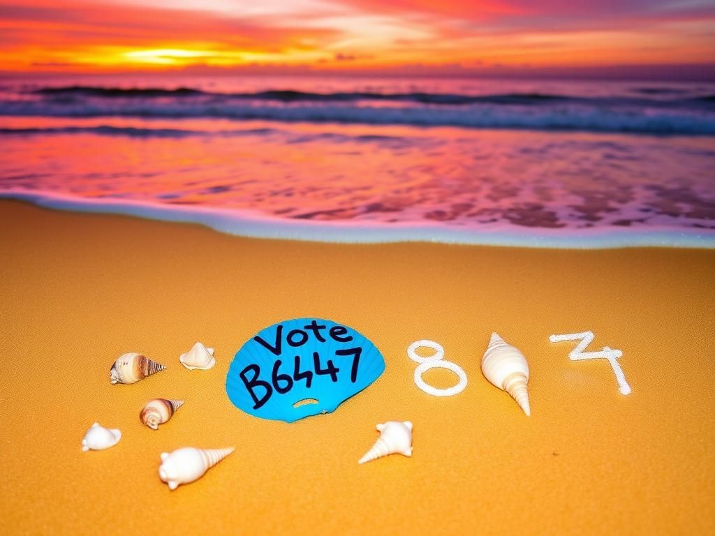Flick International Serene beach scene at sunset with seashells, including a blue seashell painted 'Vote Harris'