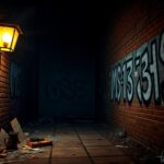 Flick International Dimly lit urban alleyway with MS-13 graffiti and shattered glass