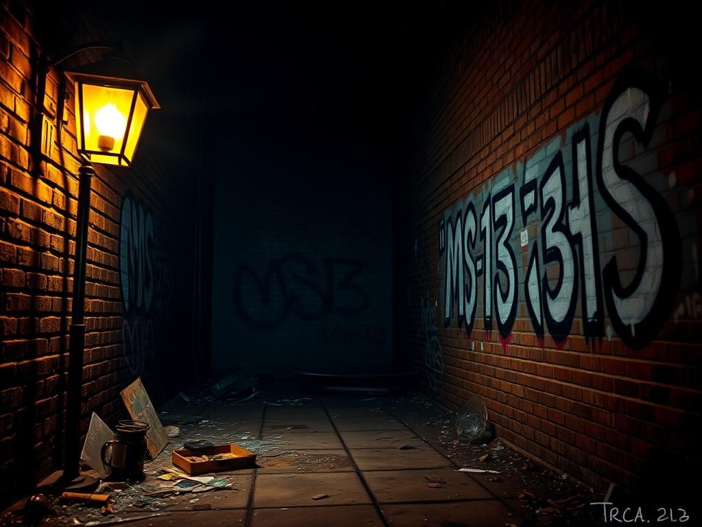 Flick International Dimly lit urban alleyway with MS-13 graffiti and shattered glass