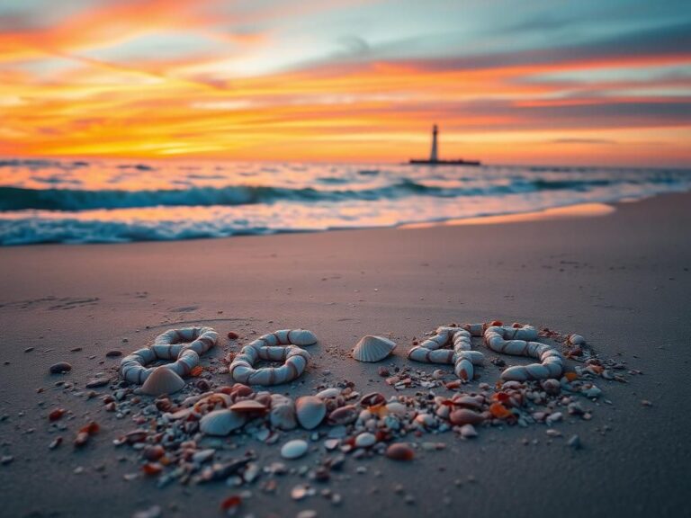 Flick International Artistic arrangement of seashells spelling '86 45' on a serene beach at sunset