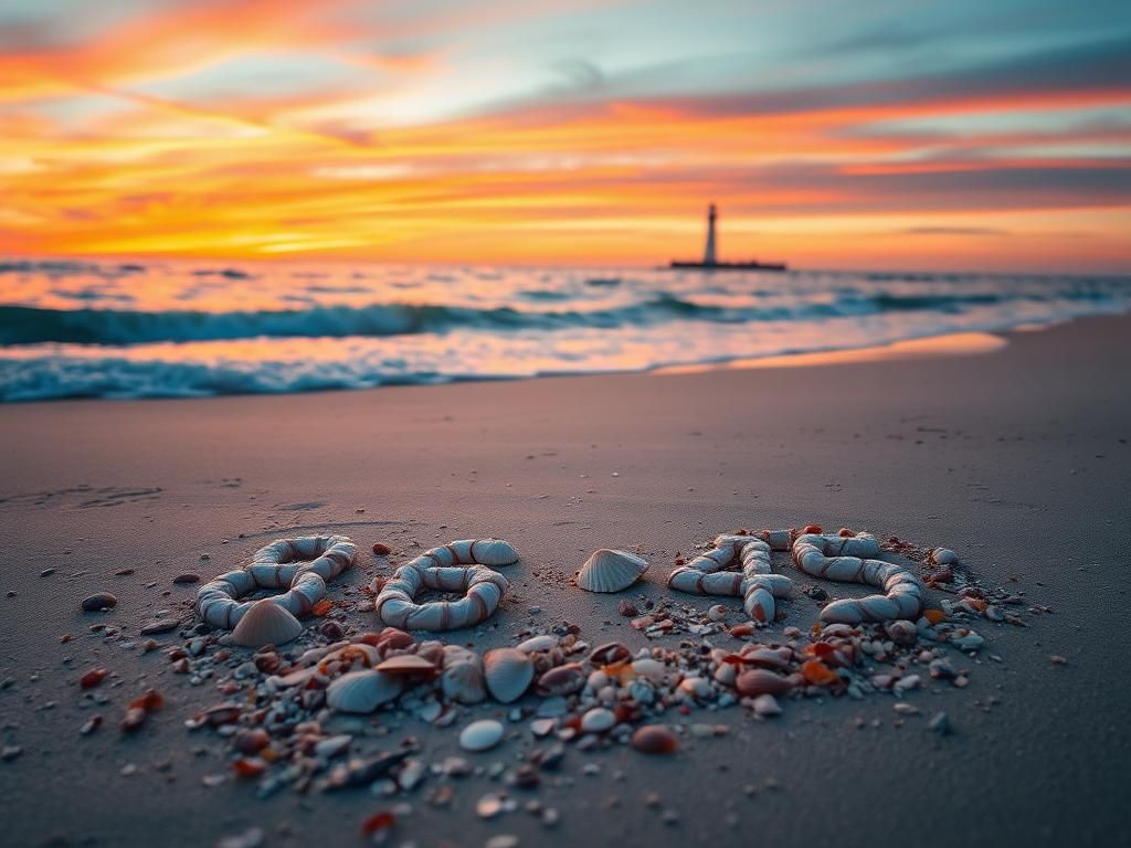 Flick International Artistic arrangement of seashells spelling '86 45' on a serene beach at sunset