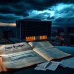 Flick International United Nations headquarters at twilight with stormy skies and budget documents