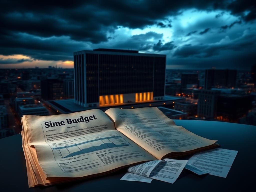 Flick International United Nations headquarters at twilight with stormy skies and budget documents