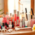 Flick International Vibrant arrangement of summer beauty products on a wooden vanity