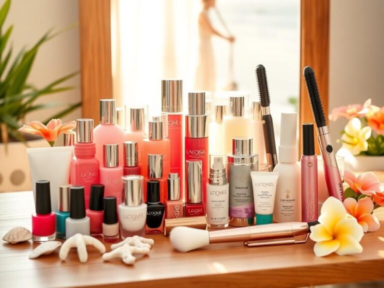 Flick International Vibrant arrangement of summer beauty products on a wooden vanity