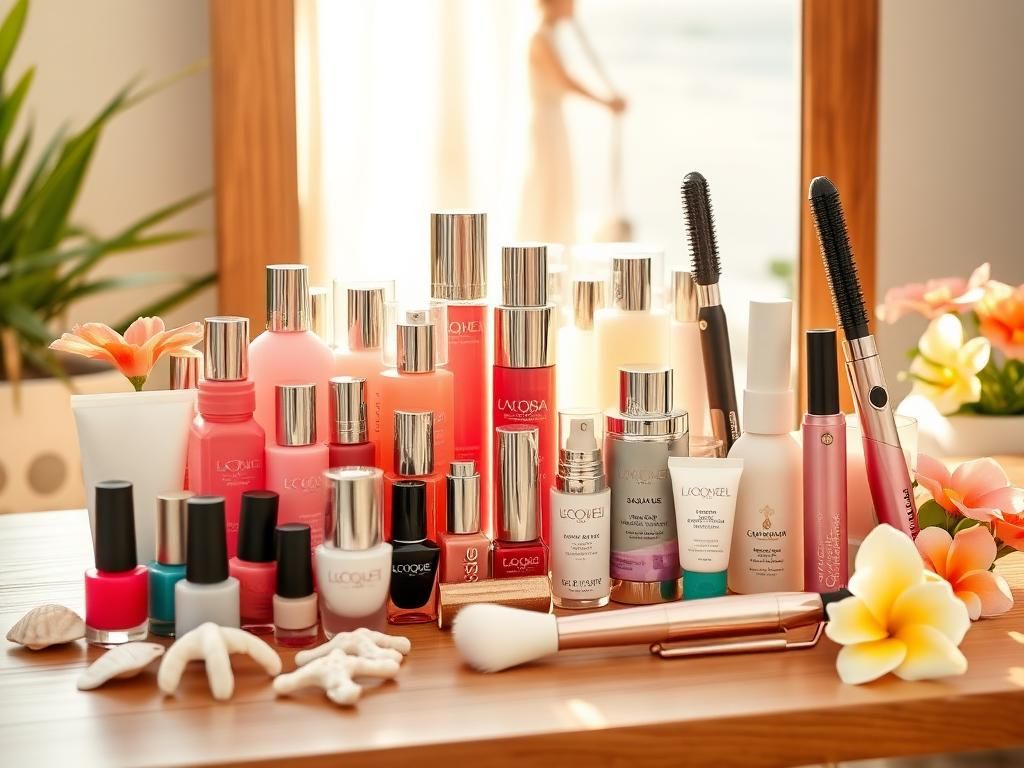 Flick International Vibrant arrangement of summer beauty products on a wooden vanity