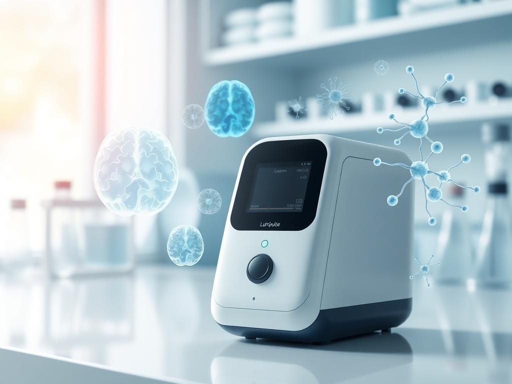 Flick International Close-up image of the Lumipulse blood testing device for Alzheimer’s diagnosis