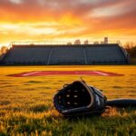 Flick International A vibrant girls' softball field at sunset with a glove on the grass