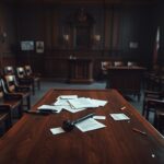 Flick International Empty courtroom scene highlighting the judge's bench and vacant witness stand