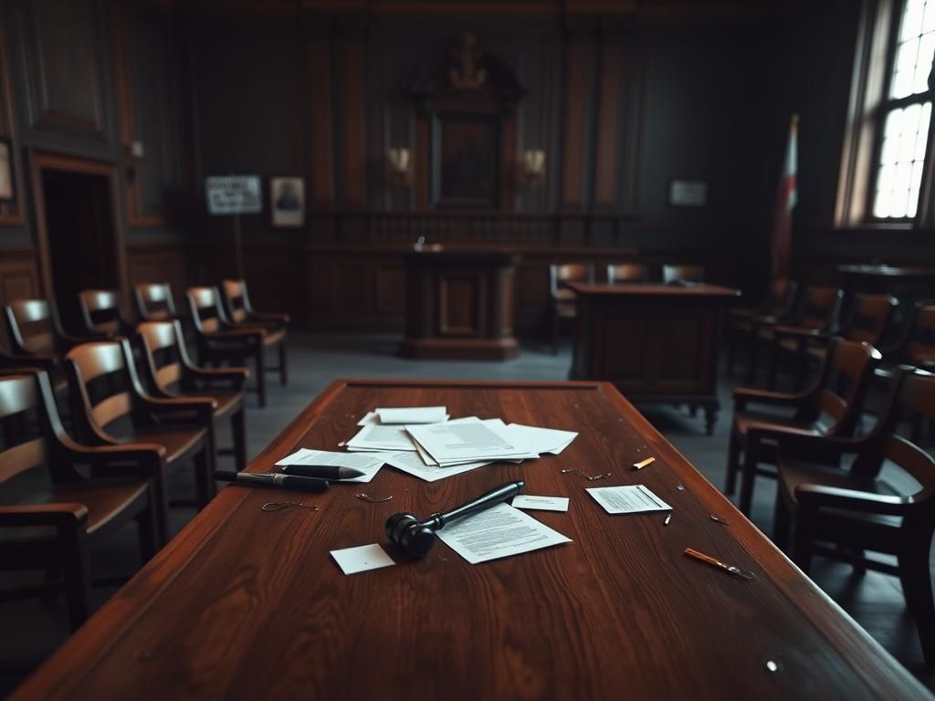 Flick International Empty courtroom scene highlighting the judge's bench and vacant witness stand