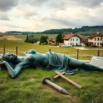 Flick International Weathered bronze statue of Melania Trump, severed at the ankles, lying on a grassy patch in Slovenia
