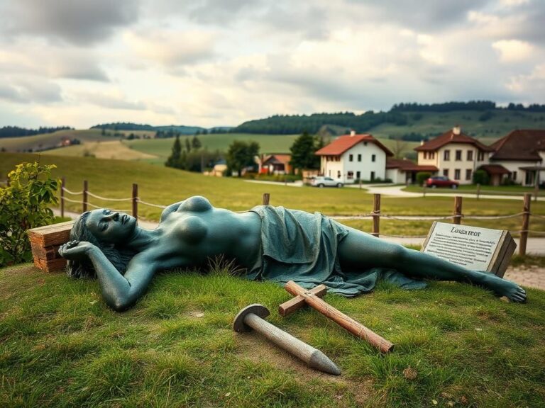 Flick International Weathered bronze statue of Melania Trump, severed at the ankles, lying on a grassy patch in Slovenia