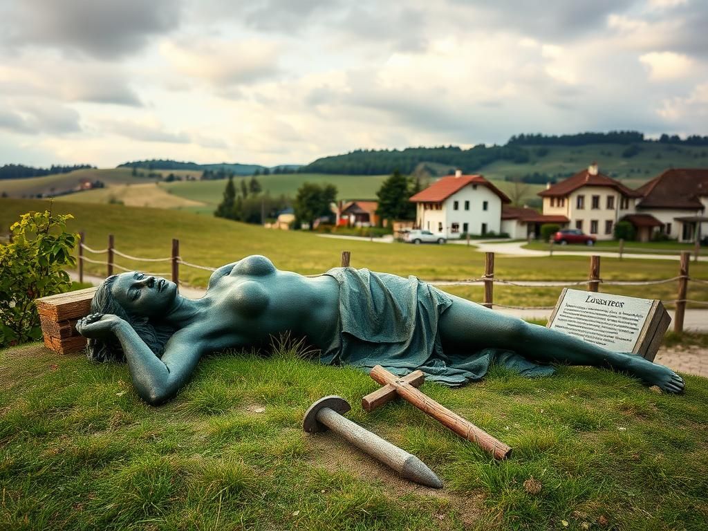 Flick International Weathered bronze statue of Melania Trump, severed at the ankles, lying on a grassy patch in Slovenia